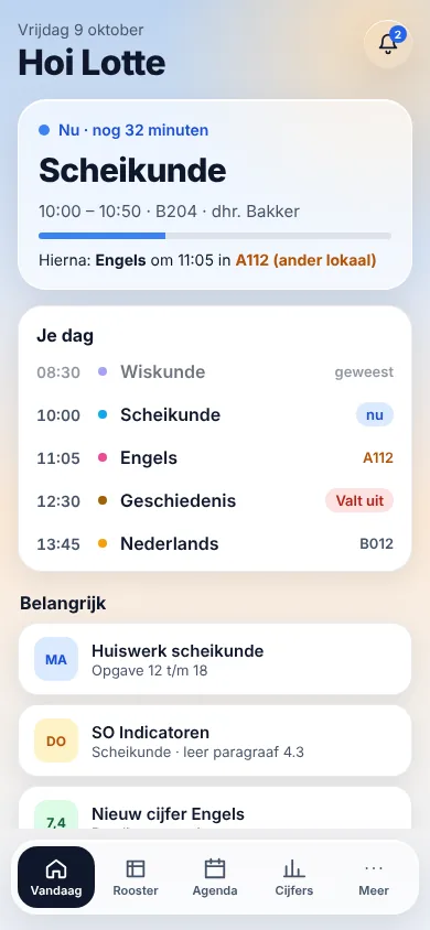 Ontwerp van het startscherm voor leerlingen op de telefoon: de les van nu, het rooster van vandaag en wat belangrijk is, zoals huiswerk en een nieuw cijfer.